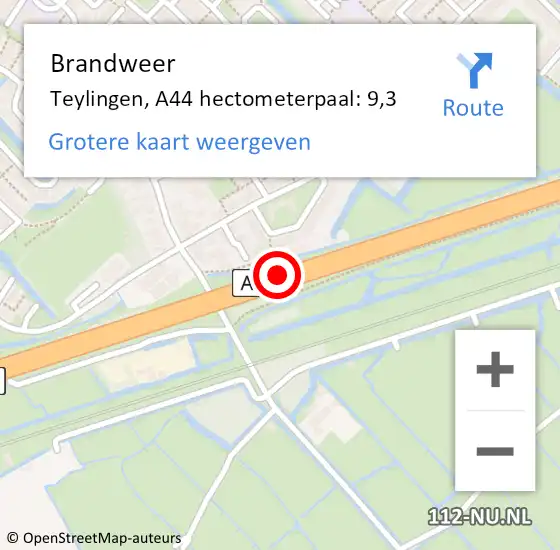 Locatie op kaart van de 112 melding: Brandweer Teylingen, A44 hectometerpaal: 9,3 op 11 december 2023 14:40