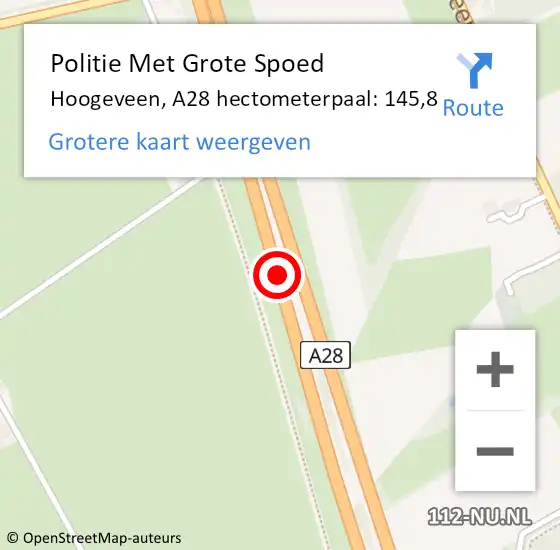 Locatie op kaart van de 112 melding: Politie Met Grote Spoed Naar Hoogeveen, A28 hectometerpaal: 145,8 op 11 december 2023 15:14