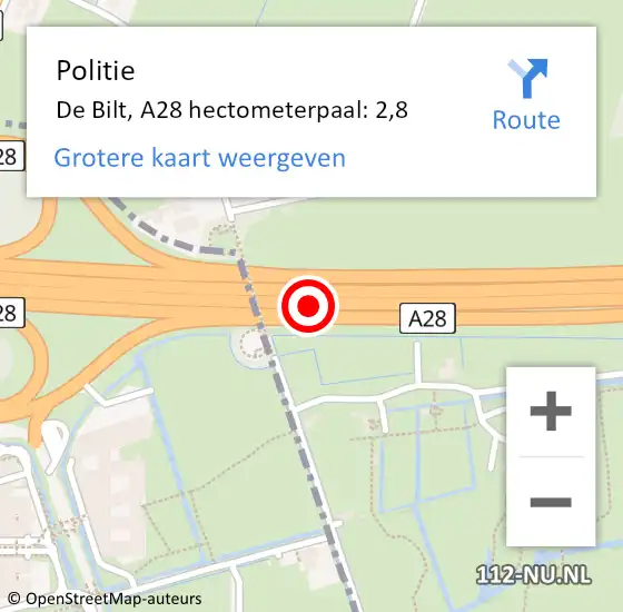 Locatie op kaart van de 112 melding: Politie De Bilt, A28 hectometerpaal: 2,8 op 11 december 2023 15:31