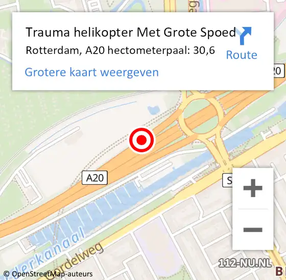 Locatie op kaart van de 112 melding: Trauma helikopter Met Grote Spoed Naar Rotterdam, A20 hectometerpaal: 30,6 op 11 december 2023 15:53