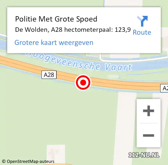 Locatie op kaart van de 112 melding: Politie Met Grote Spoed Naar De Wolden, A28 hectometerpaal: 123,9 op 11 december 2023 15:56