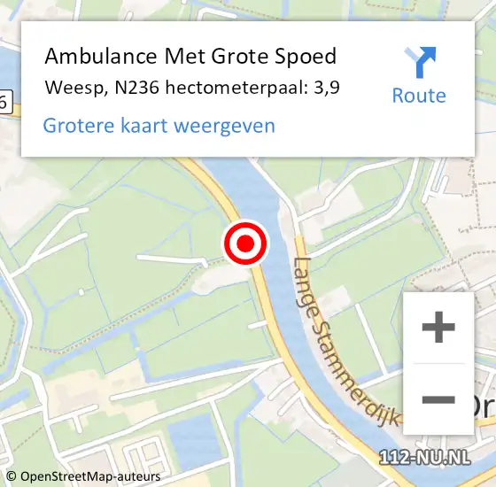 Locatie op kaart van de 112 melding: Ambulance Met Grote Spoed Naar Weesp, N236 hectometerpaal: 3,9 op 11 december 2023 16:52