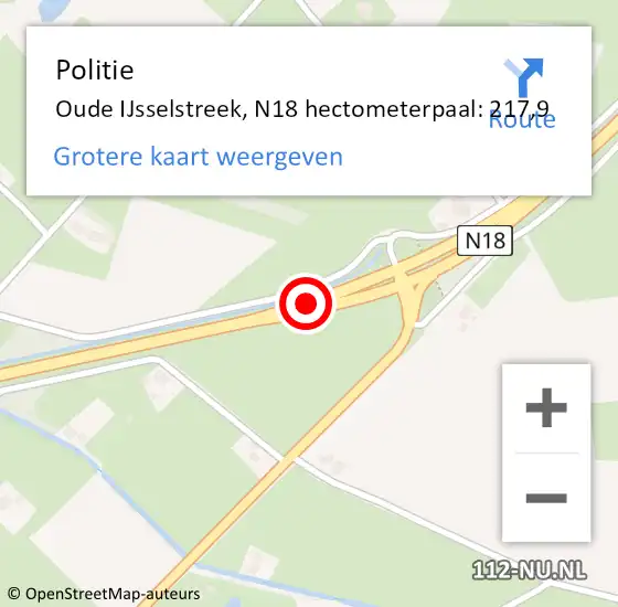 Locatie op kaart van de 112 melding: Politie Oude IJsselstreek, N18 hectometerpaal: 217,9 op 11 december 2023 17:43