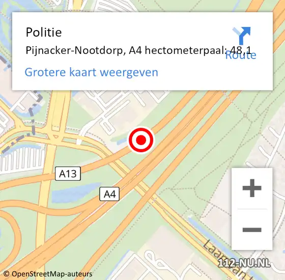 Locatie op kaart van de 112 melding: Politie Pijnacker-Nootdorp, A4 hectometerpaal: 48,1 op 11 december 2023 17:49