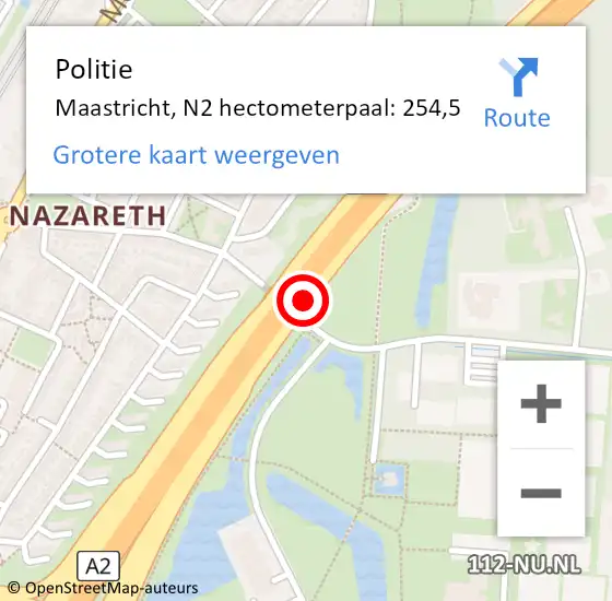 Locatie op kaart van de 112 melding: Politie Maastricht, N2 hectometerpaal: 254,5 op 11 december 2023 18:12