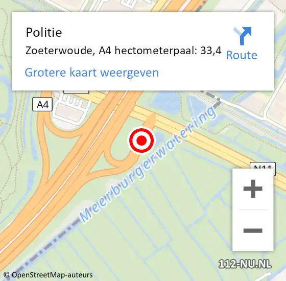 Locatie op kaart van de 112 melding: Politie Zoeterwoude, A4 hectometerpaal: 33,4 op 11 december 2023 18:49