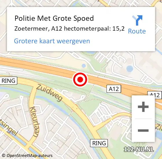 Locatie op kaart van de 112 melding: Politie Met Grote Spoed Naar Zoetermeer, A12 hectometerpaal: 15,2 op 11 december 2023 19:16