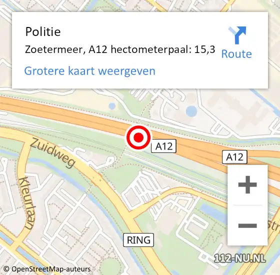 Locatie op kaart van de 112 melding: Politie Zoetermeer, A12 hectometerpaal: 15,3 op 11 december 2023 19:16