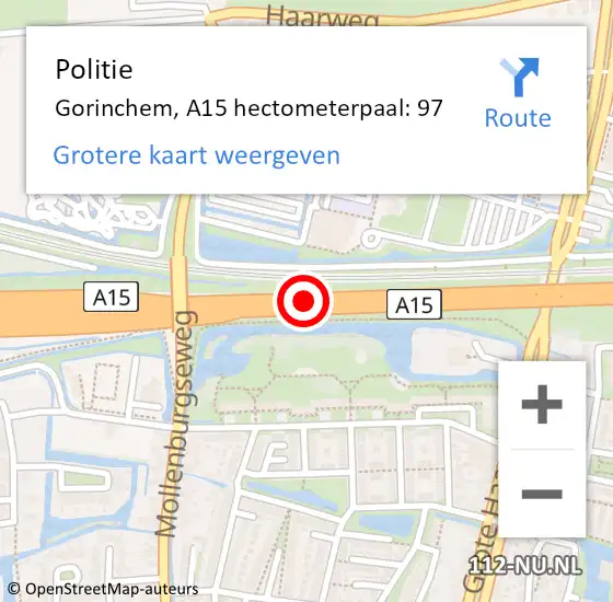 Locatie op kaart van de 112 melding: Politie Gorinchem, A15 hectometerpaal: 97 op 11 december 2023 19:29