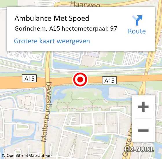 Locatie op kaart van de 112 melding: Ambulance Met Spoed Naar Gorinchem, A15 hectometerpaal: 97 op 11 december 2023 19:31