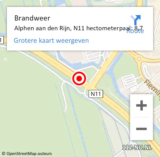 Locatie op kaart van de 112 melding: Brandweer Alphen aan den Rijn, N11 hectometerpaal: 8,7 op 11 december 2023 20:18