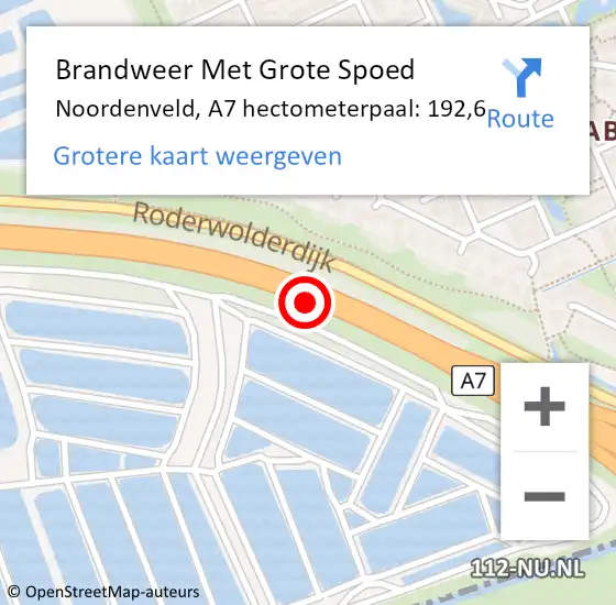 Locatie op kaart van de 112 melding: Brandweer Met Grote Spoed Naar Noordenveld, A7 hectometerpaal: 192,6 op 11 december 2023 22:02