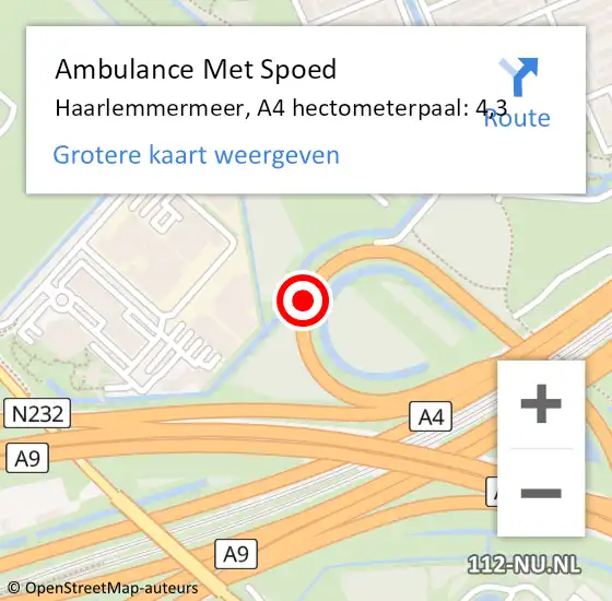 Locatie op kaart van de 112 melding: Ambulance Met Spoed Naar Haarlemmermeer, A4 hectometerpaal: 4,3 op 11 december 2023 23:00