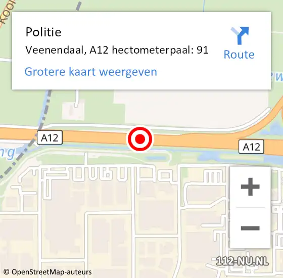 Locatie op kaart van de 112 melding: Politie Veenendaal, A12 hectometerpaal: 91 op 12 december 2023 06:50