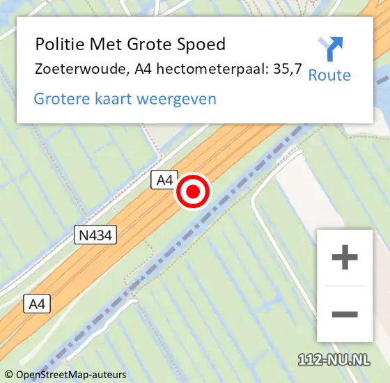 Locatie op kaart van de 112 melding: Politie Met Grote Spoed Naar Zoeterwoude, A4 hectometerpaal: 35,7 op 12 december 2023 07:03