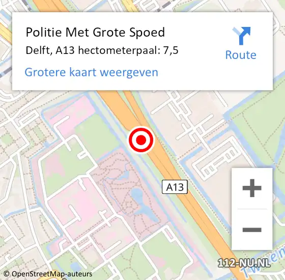 Locatie op kaart van de 112 melding: Politie Met Grote Spoed Naar Delft, A13 hectometerpaal: 7,5 op 12 december 2023 07:16