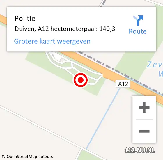 Locatie op kaart van de 112 melding: Politie Duiven, A12 hectometerpaal: 140,3 op 12 december 2023 07:59