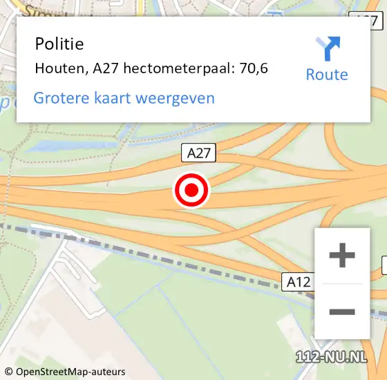 Locatie op kaart van de 112 melding: Politie Houten, A27 hectometerpaal: 70,6 op 12 december 2023 08:16