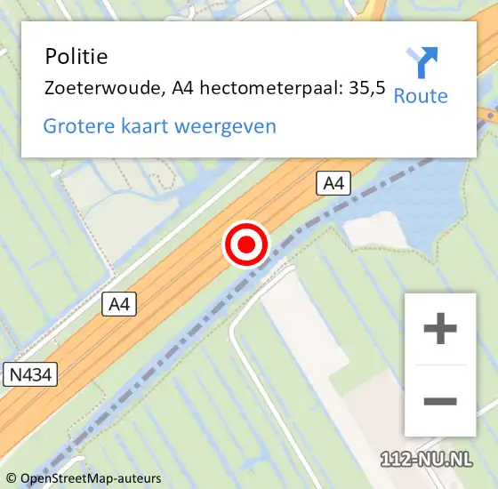 Locatie op kaart van de 112 melding: Politie Zoeterwoude, A4 hectometerpaal: 35,5 op 12 december 2023 10:23