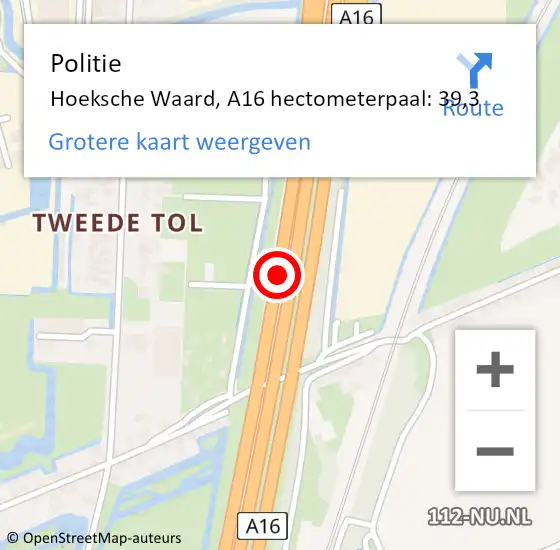 Locatie op kaart van de 112 melding: Politie Hoeksche Waard, A16 hectometerpaal: 39,3 op 12 december 2023 10:24