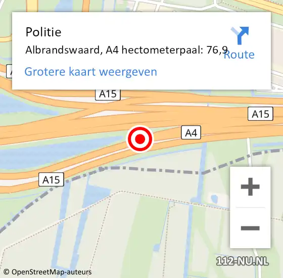 Locatie op kaart van de 112 melding: Politie Albrandswaard, A4 hectometerpaal: 76,9 op 12 december 2023 11:05