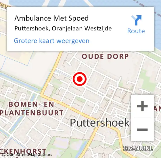 Locatie op kaart van de 112 melding: Ambulance Met Spoed Naar Puttershoek, Oranjelaan Westzijde op 12 december 2023 12:01