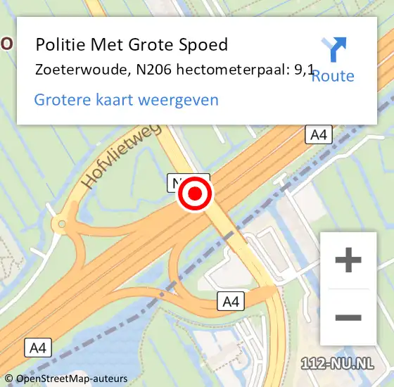 Locatie op kaart van de 112 melding: Politie Met Grote Spoed Naar Zoeterwoude, N206 hectometerpaal: 9,1 op 12 december 2023 13:43