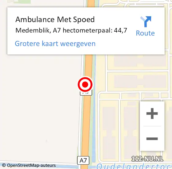 Locatie op kaart van de 112 melding: Ambulance Met Spoed Naar Medemblik, A7 hectometerpaal: 44,7 op 12 december 2023 14:19