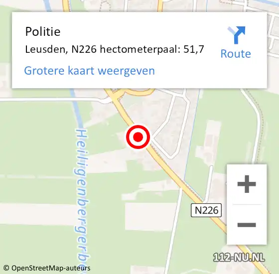 Locatie op kaart van de 112 melding: Politie Leusden, N226 hectometerpaal: 51,7 op 12 december 2023 16:02
