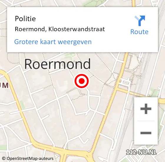 Locatie op kaart van de 112 melding: Politie Roermond, Kloosterwandstraat op 12 december 2023 16:11