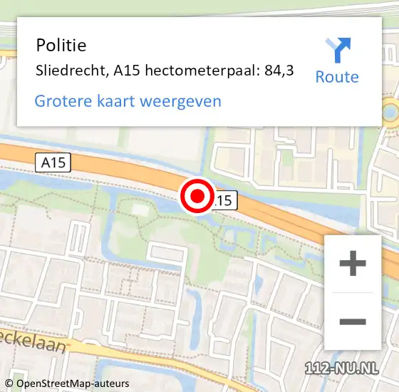 Locatie op kaart van de 112 melding: Politie Sliedrecht, A15 hectometerpaal: 84,3 op 12 december 2023 17:09