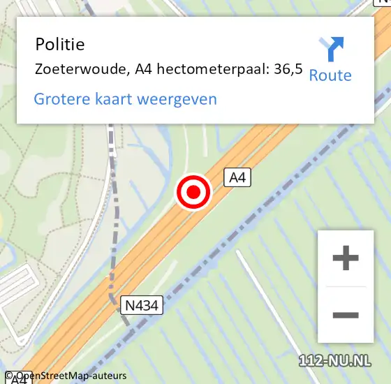 Locatie op kaart van de 112 melding: Politie Zoeterwoude, A4 hectometerpaal: 36,5 op 12 december 2023 17:12