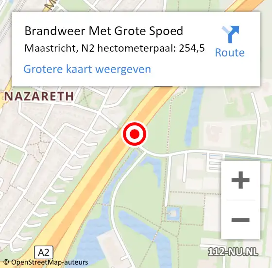 Locatie op kaart van de 112 melding: Brandweer Met Grote Spoed Naar Maastricht, N2 hectometerpaal: 254,5 op 12 december 2023 17:22