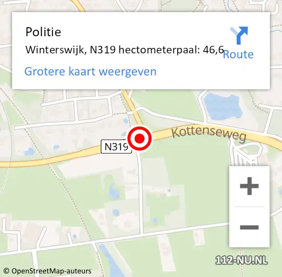 Locatie op kaart van de 112 melding: Politie Winterswijk, N319 hectometerpaal: 46,6 op 12 december 2023 18:33