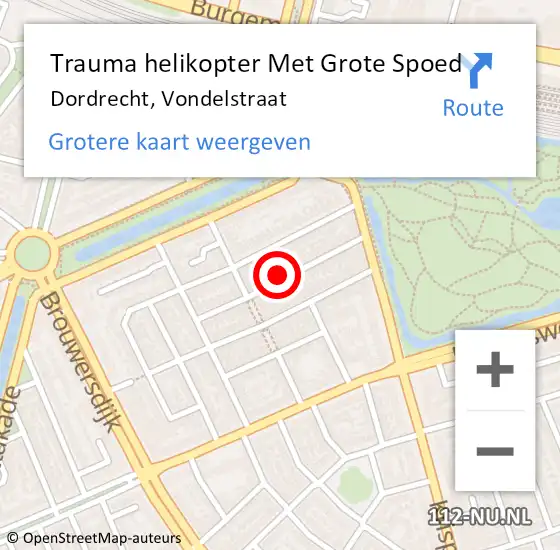Locatie op kaart van de 112 melding: Trauma helikopter Met Grote Spoed Naar Dordrecht, Vondelstraat op 12 december 2023 20:06
