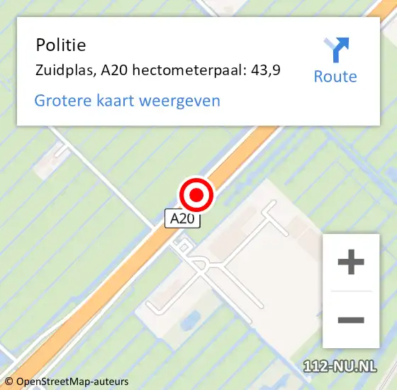 Locatie op kaart van de 112 melding: Politie Zuidplas, A20 hectometerpaal: 43,9 op 12 december 2023 20:36