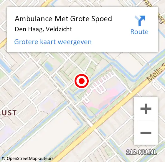 Locatie op kaart van de 112 melding: Ambulance Met Grote Spoed Naar Den Haag, Veldzicht op 12 december 2023 21:01