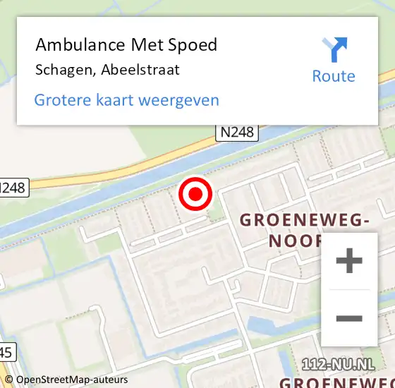 Locatie op kaart van de 112 melding: Ambulance Met Spoed Naar Schagen, Abeelstraat op 12 december 2023 23:27