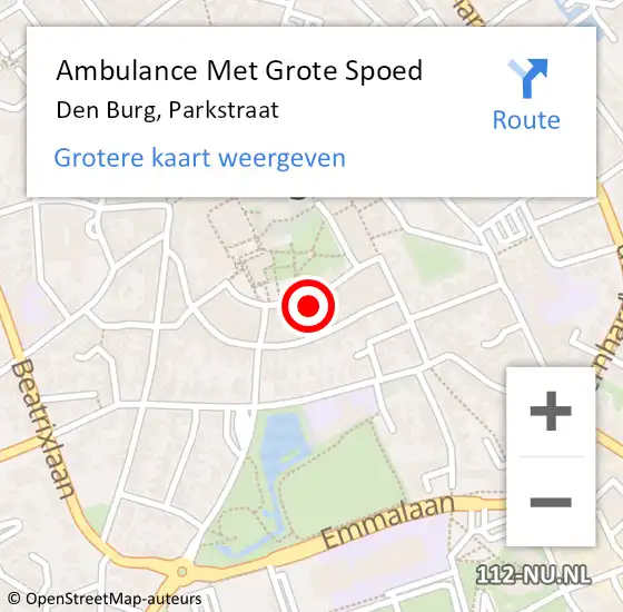 Locatie op kaart van de 112 melding: Ambulance Met Grote Spoed Naar Den Burg, Parkstraat op 13 december 2023 04:34