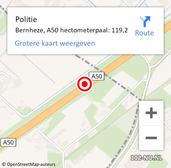 Locatie op kaart van de 112 melding: Politie Bernheze, A50 hectometerpaal: 119,2 op 13 december 2023 07:20