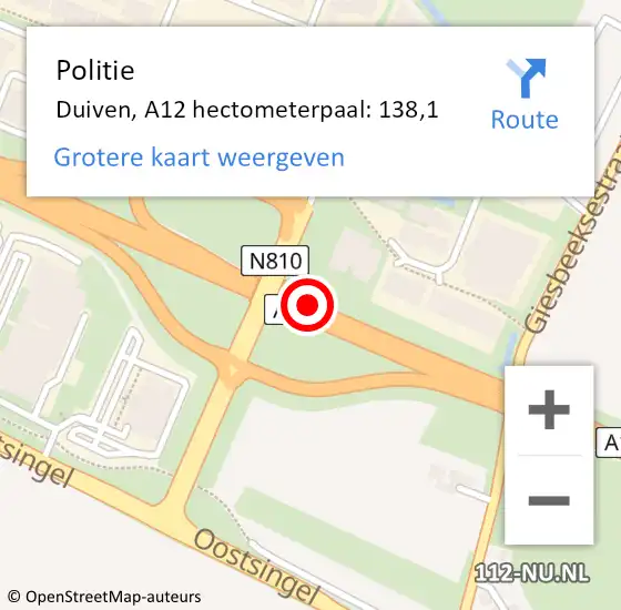 Locatie op kaart van de 112 melding: Politie Duiven, A12 hectometerpaal: 138,1 op 13 december 2023 08:14