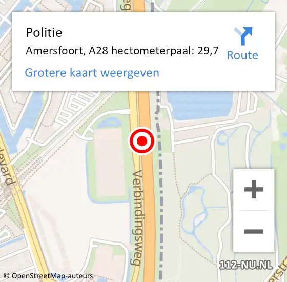 Locatie op kaart van de 112 melding: Politie Amersfoort, A28 hectometerpaal: 29,7 op 13 december 2023 08:44