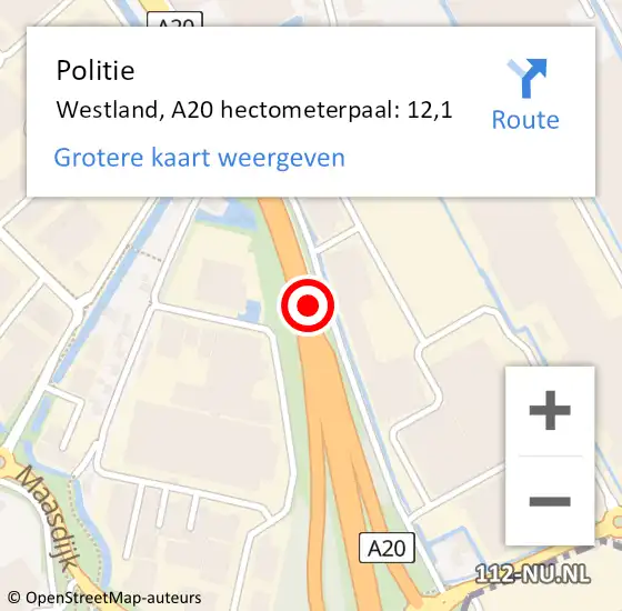 Locatie op kaart van de 112 melding: Politie Westland, A20 hectometerpaal: 12,1 op 13 december 2023 10:06