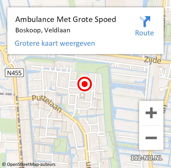 Locatie op kaart van de 112 melding: Ambulance Met Grote Spoed Naar Boskoop, Veldlaan op 13 december 2023 11:27