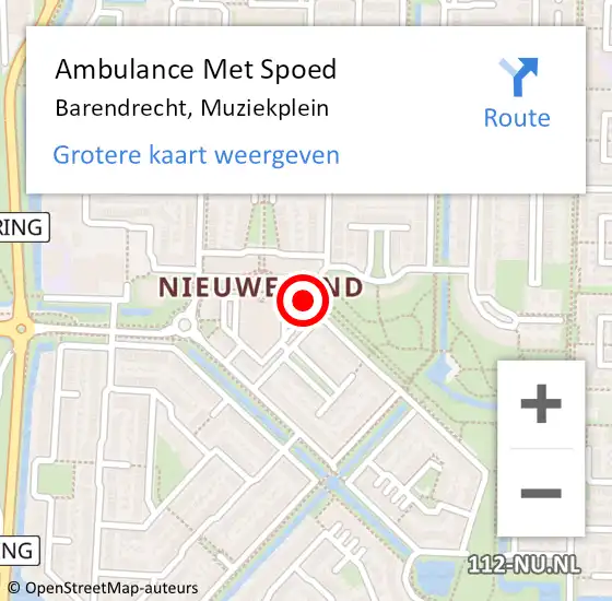 Locatie op kaart van de 112 melding: Ambulance Met Spoed Naar Barendrecht, Muziekplein op 13 december 2023 13:05