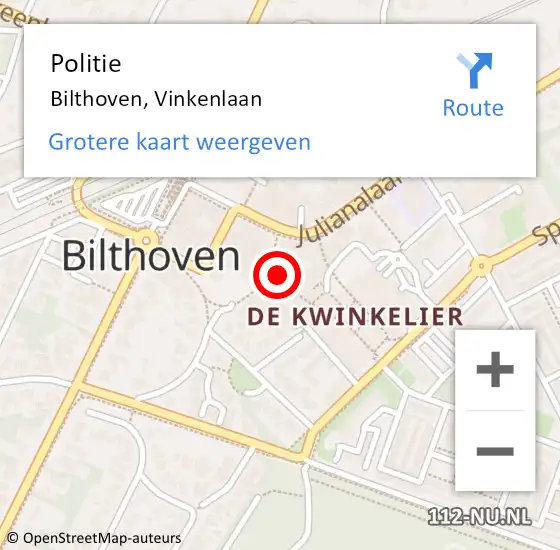 Locatie op kaart van de 112 melding: Politie Bilthoven, Vinkenlaan op 13 december 2023 13:48