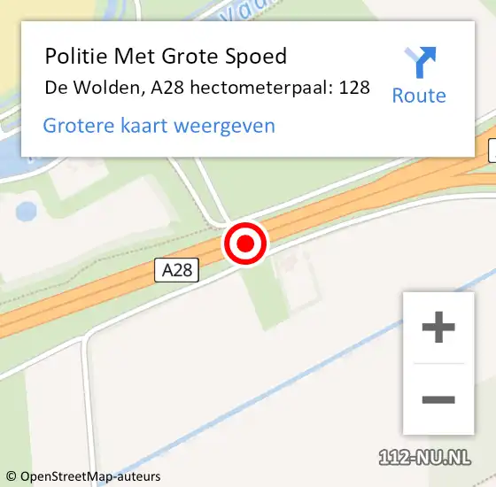 Locatie op kaart van de 112 melding: Politie Met Grote Spoed Naar De Wolden, A28 hectometerpaal: 128 op 13 december 2023 13:51