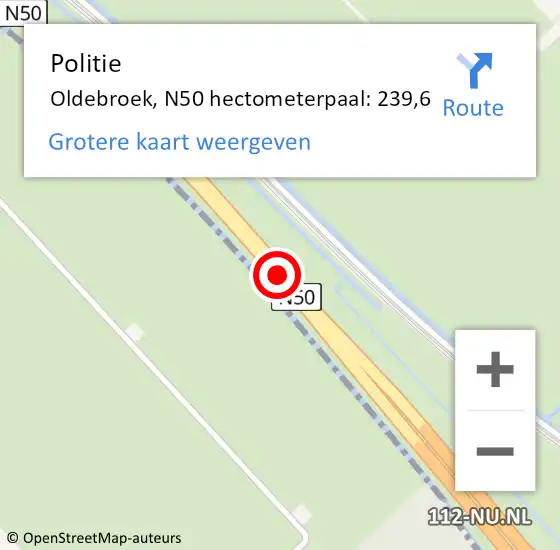 Locatie op kaart van de 112 melding: Politie Oldebroek, N50 hectometerpaal: 239,6 op 13 december 2023 16:32