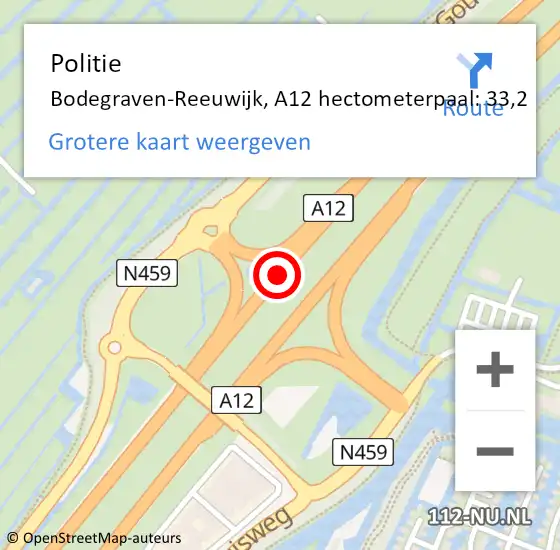 Locatie op kaart van de 112 melding: Politie Bodegraven-Reeuwijk, A12 hectometerpaal: 33,2 op 13 december 2023 16:48