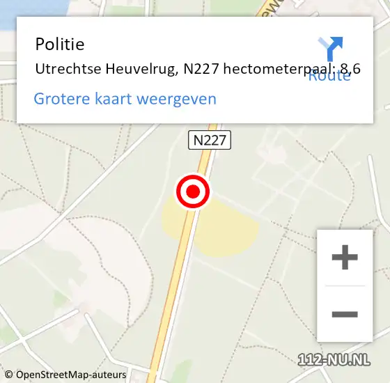 Locatie op kaart van de 112 melding: Politie Utrechtse Heuvelrug, N227 hectometerpaal: 8,6 op 13 december 2023 18:06